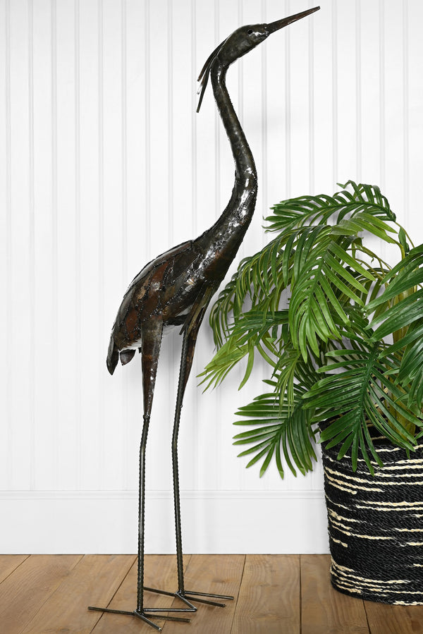 Attentive Heron Recycled Metal Sculpture