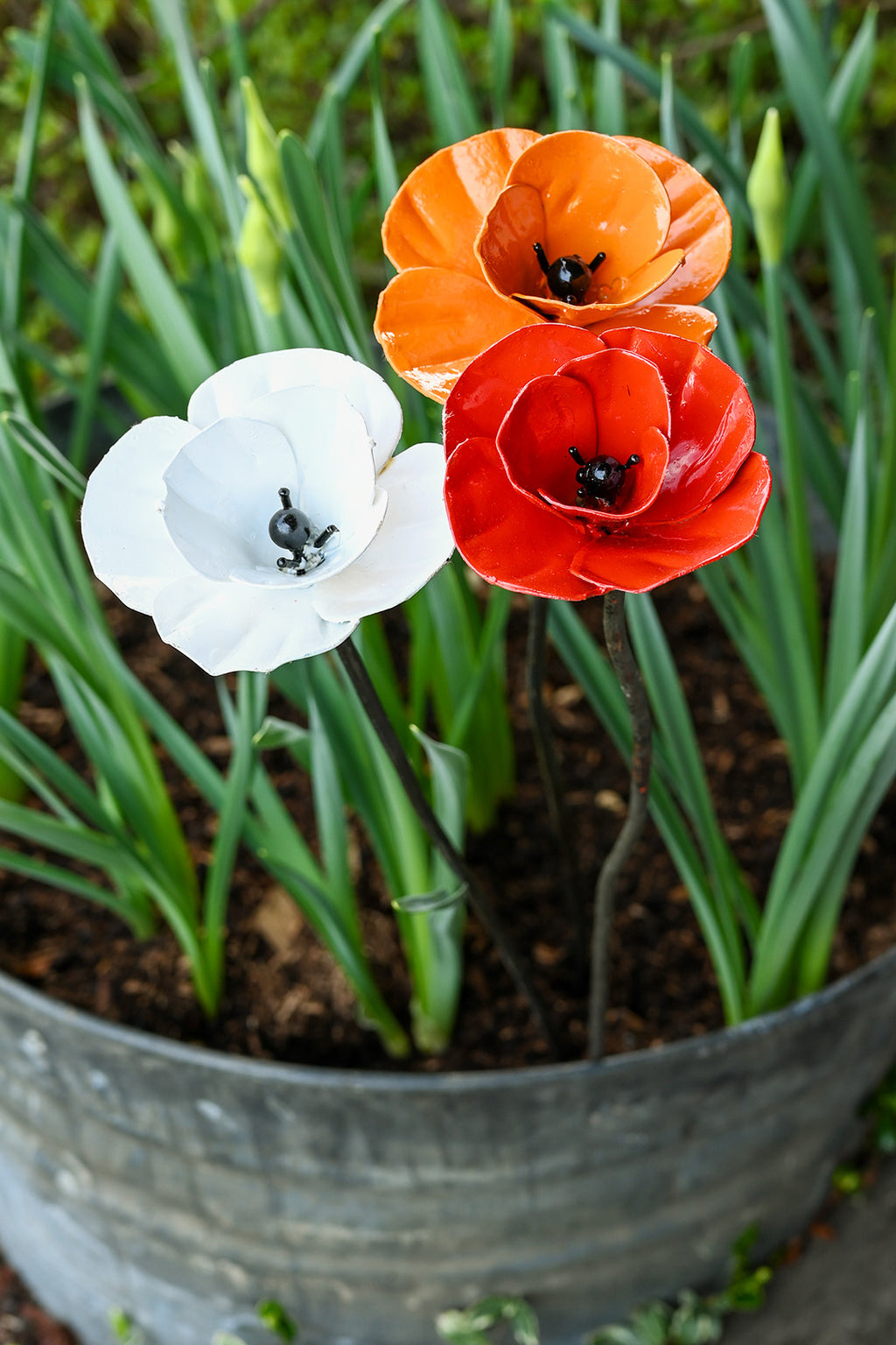 White Recycled Metal Poppy Garden Stake