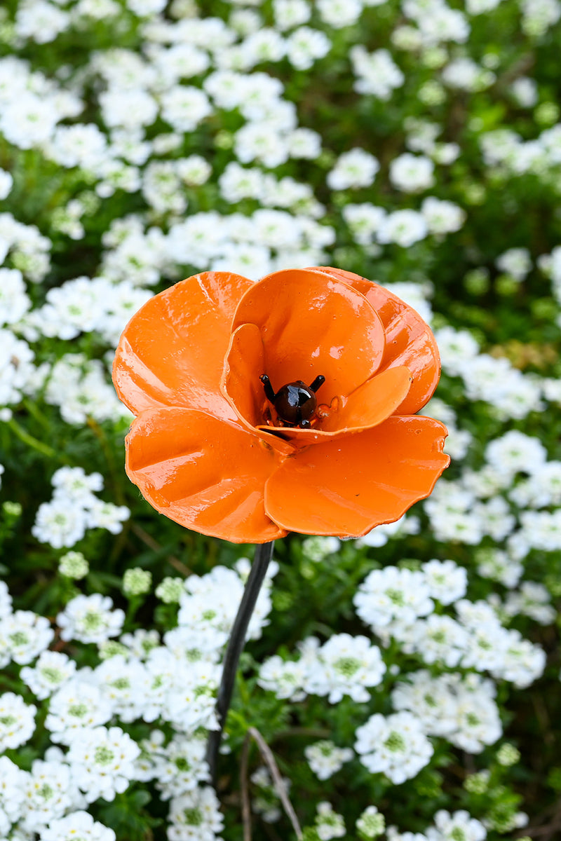 Orange Recycled Metal Poppy Garden Stake