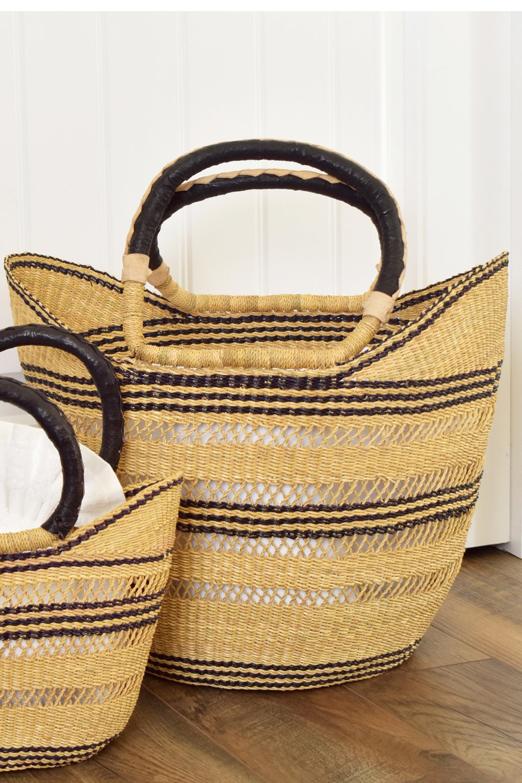 Ghanaian Pinstripe Lacework Wing Shopper with Leather Handles