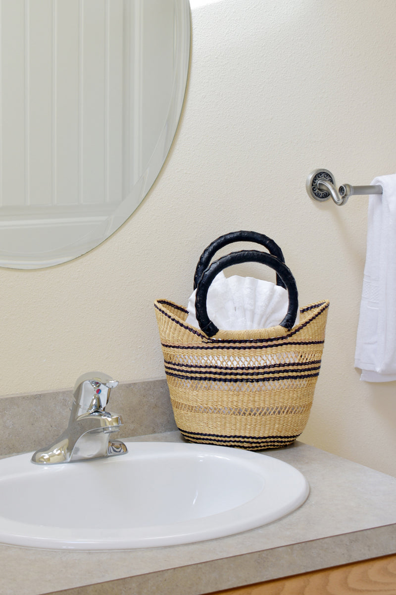 Petite Pinstripe Wing Shopper with Black Leather Handles
