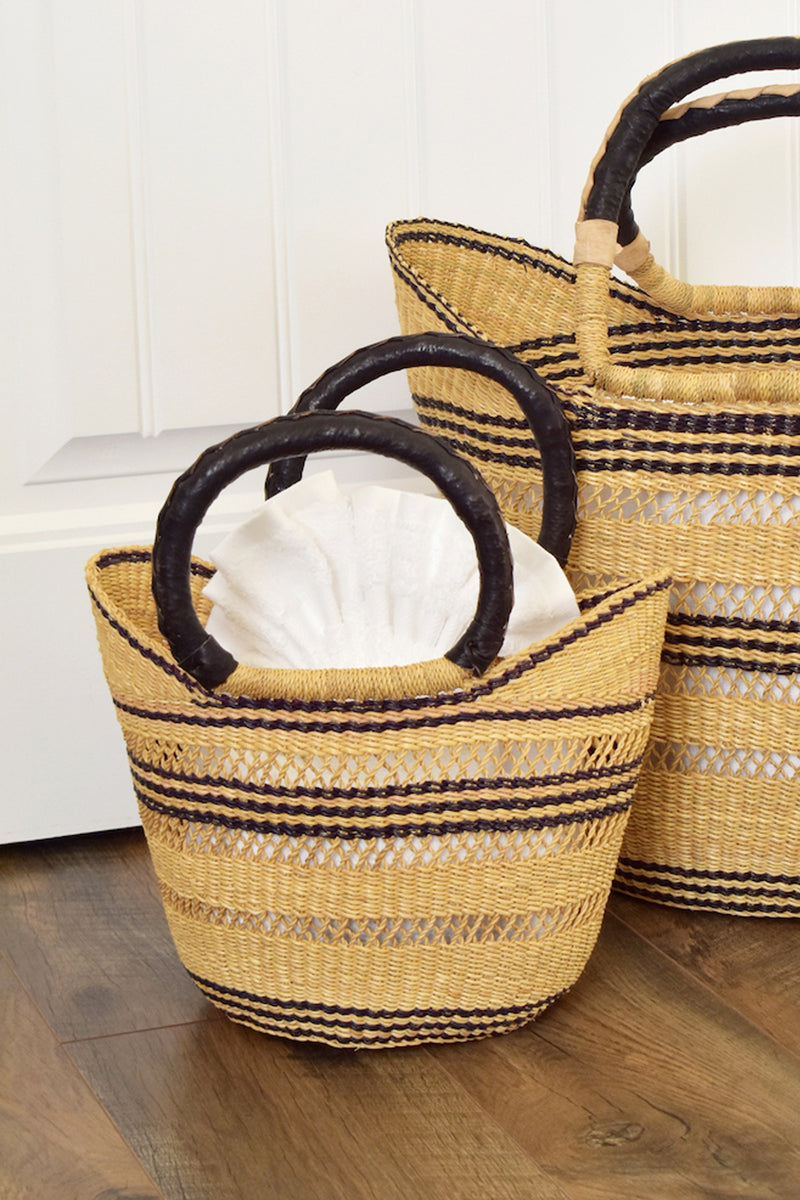 Petite Pinstripe Wing Shopper with Black Leather Handles