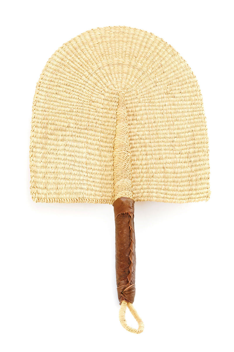 All Natural Elephant Grass African Hand Fan with Leather Handle
