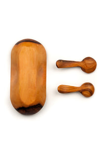 Double Wild Olive Wood Spice Bowl with Spoons