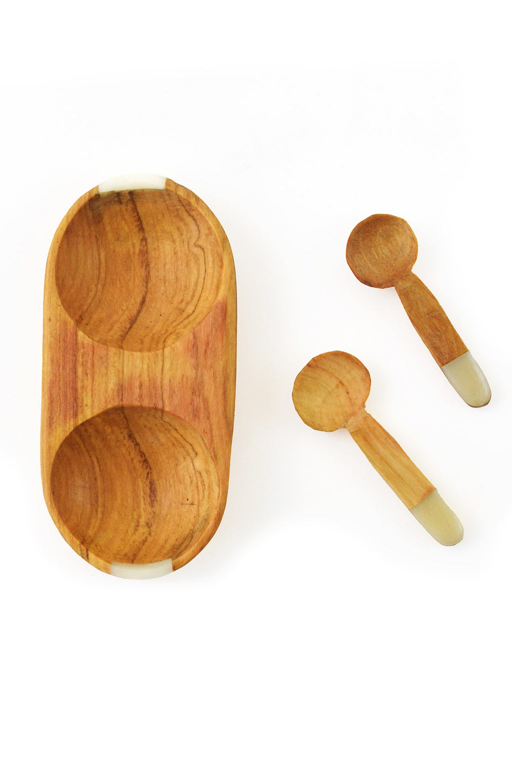 Double Wild Olive Wood & Natural Bone Spice Bowl with Spoons