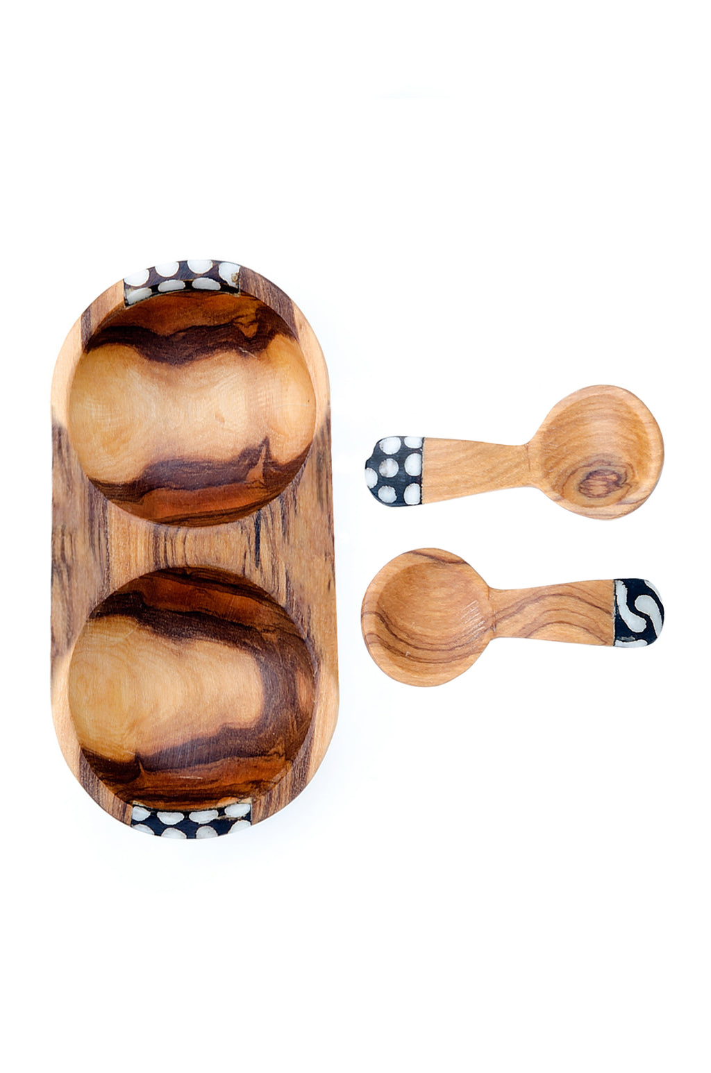 Double Wild Olive Wood & Batik Bone Spice Bowl with Spoons