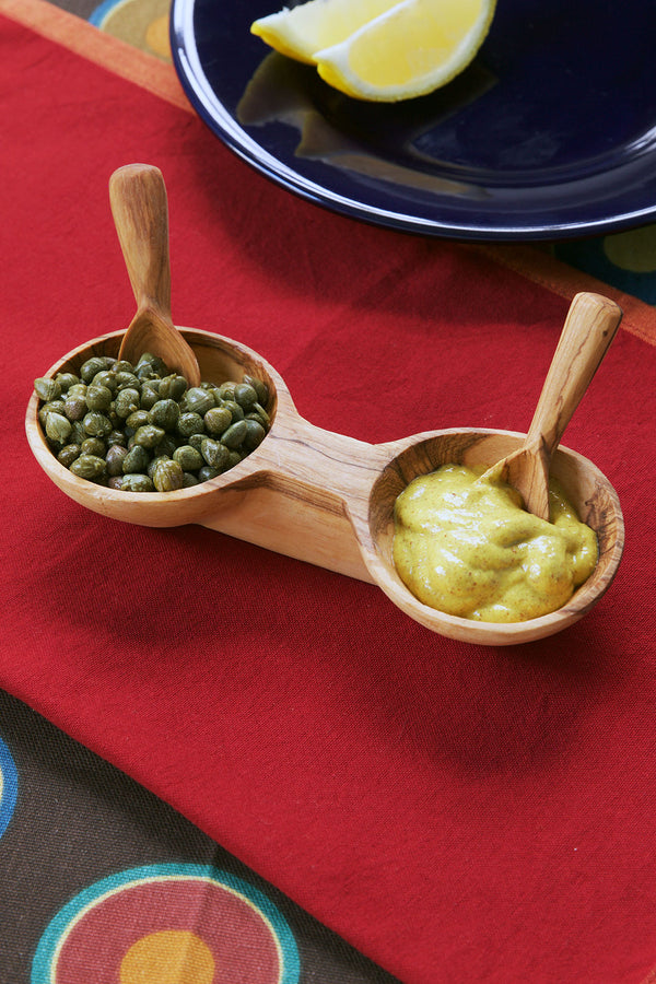 Double Wild Olive Wood Condiment Bowl with Spoon