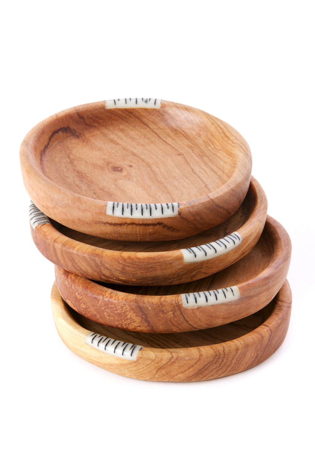 Set of Four Olive Wood Recessed Coasters with Etched Bone Inlay