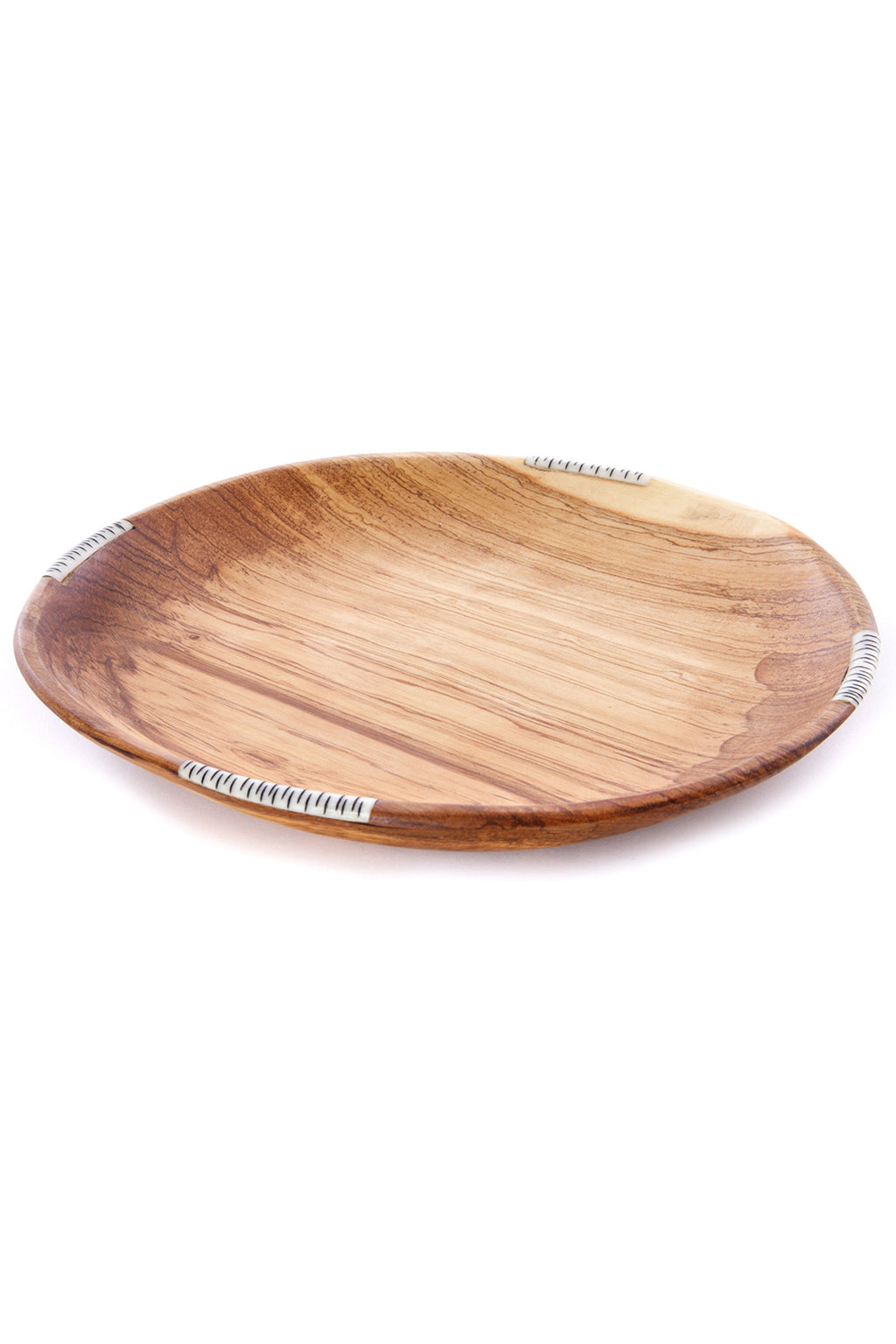 10" Wild Olive Wood Round Serving Plate with Striped Bone Inlay