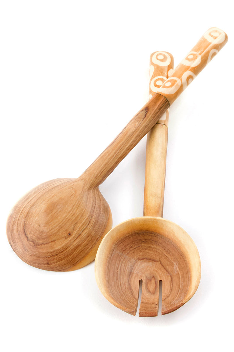 Wild Olive Wood Salad Servers with Batik Bone Handles