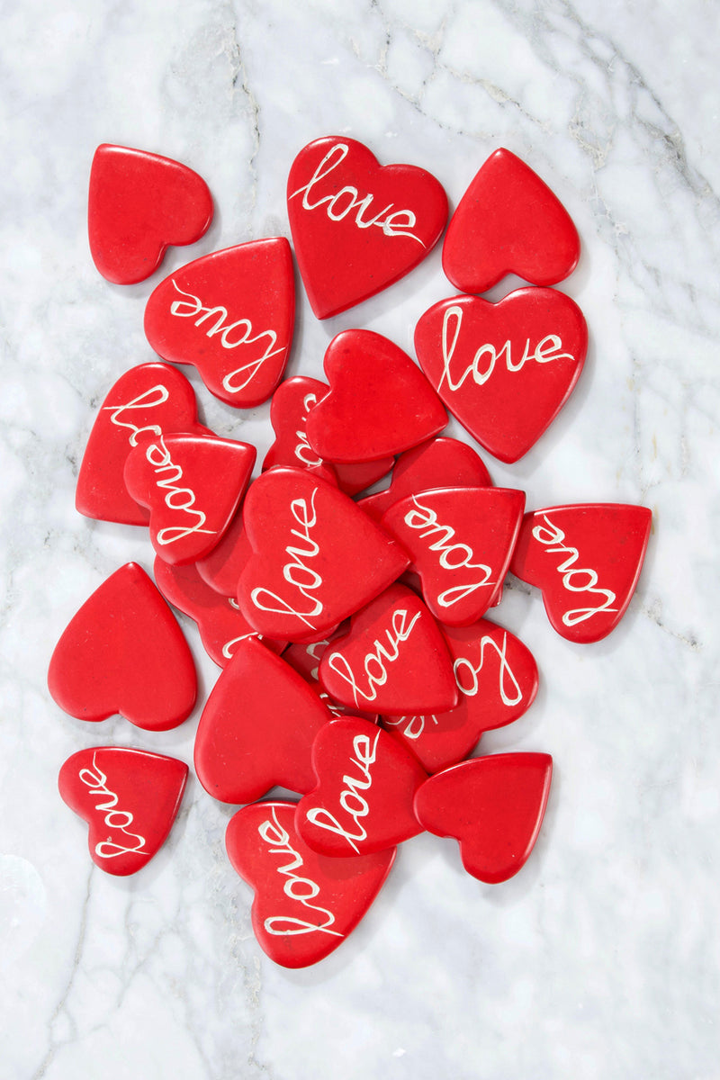 Dozen Red <i>Love</i> Script Flat Soapstone Heart Keepsakes