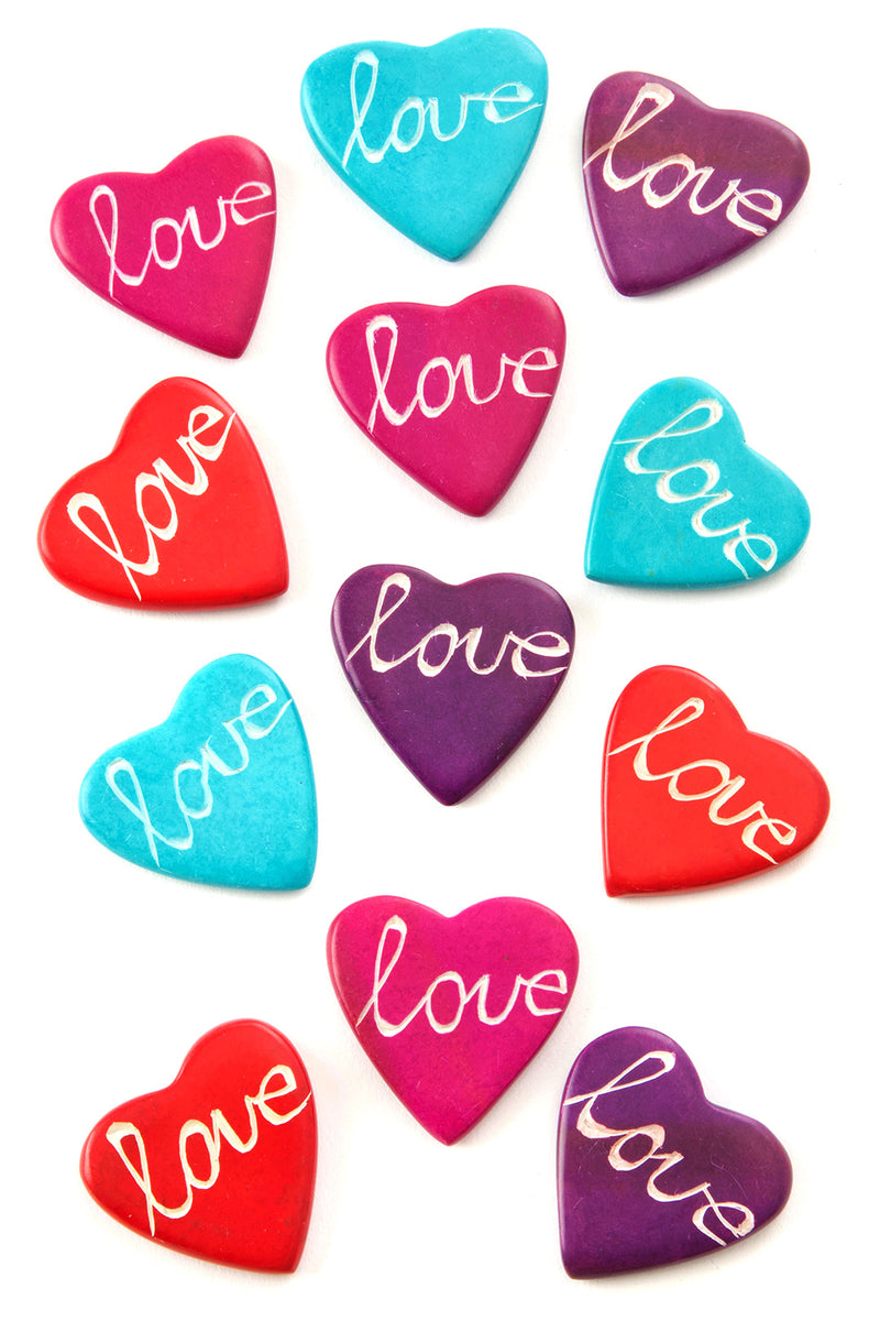 Dozen Colorful <i>Love</i> Script Flat Soapstone Heart Keepsakes