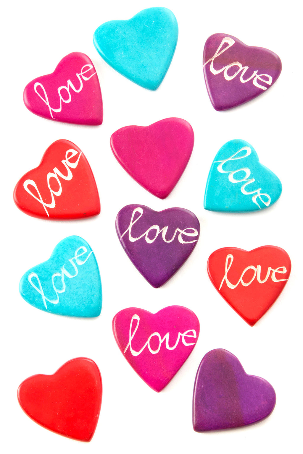 Dozen Colorful <i>Love</i> Script Flat Soapstone Heart Keepsakes