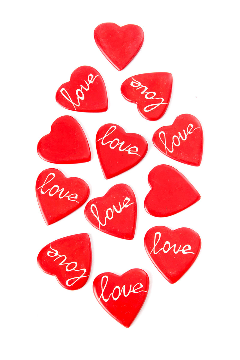 Dozen Red <i>Love</i> Script Flat Soapstone Heart Keepsakes