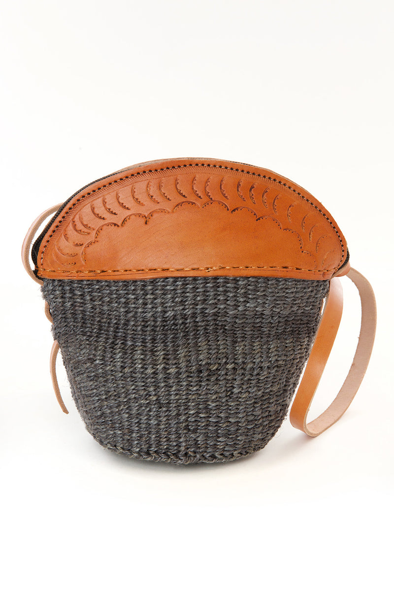 Gray Sisal and Leather Petite Zippered Purse