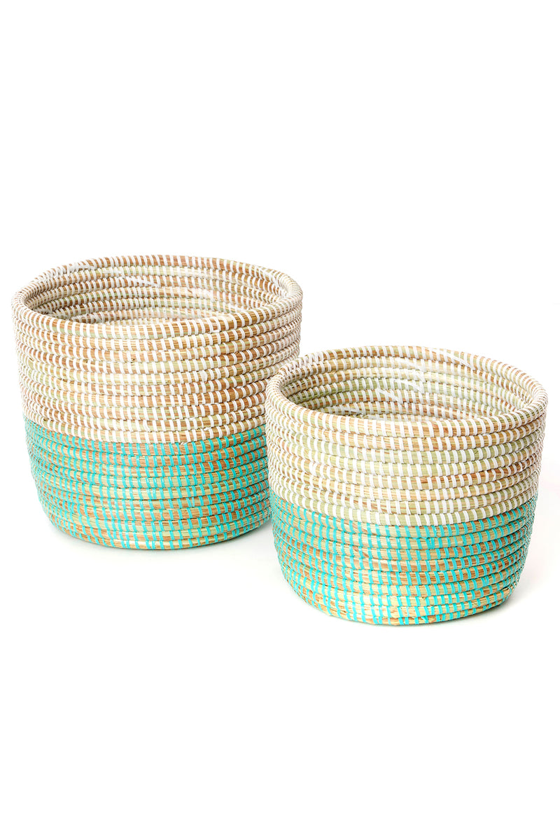 Aqua Dipped Floral Baskets - Set of Two