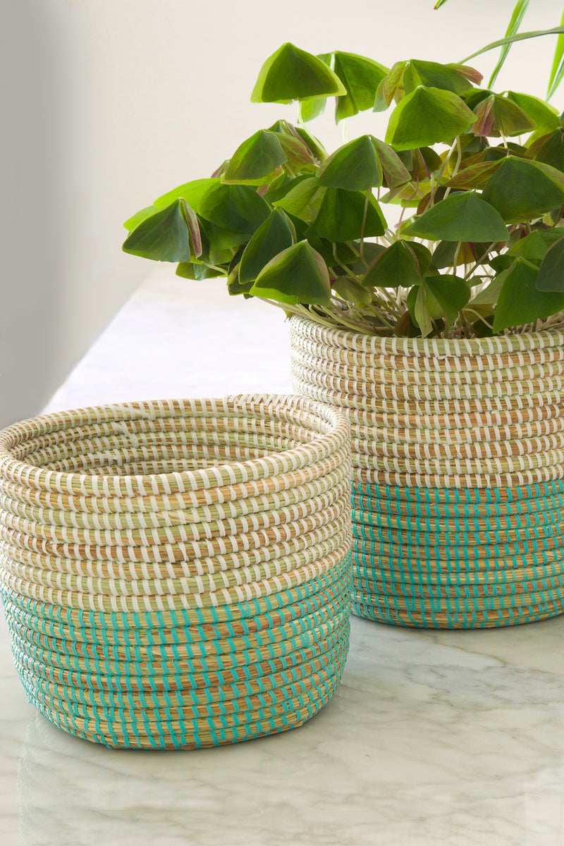 Aqua Dipped Floral Baskets - Set of Two