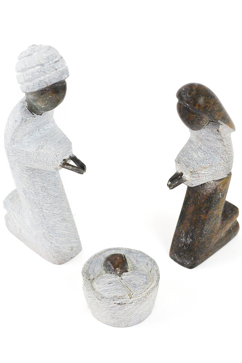 Zimbabwean Serpentine Stone Kneeling Holy Family Nativity Scene