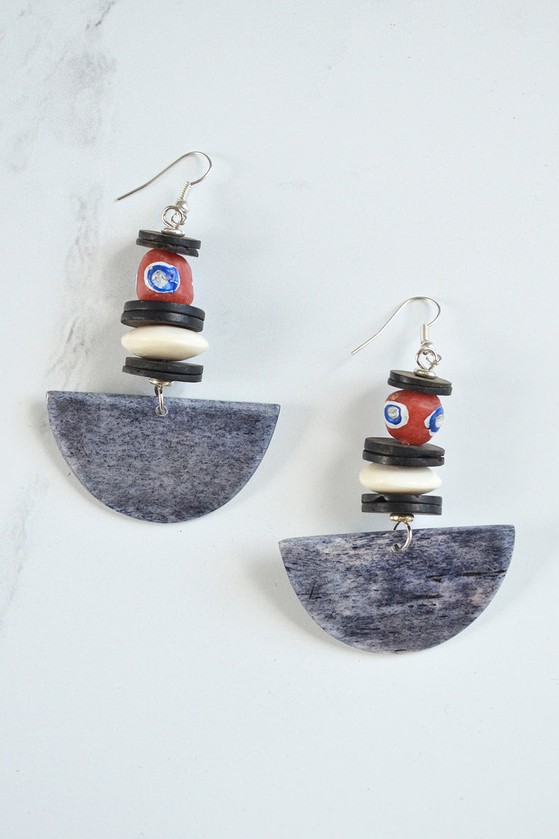 Kenyan Cow Bone Gray Half Moon Earrings