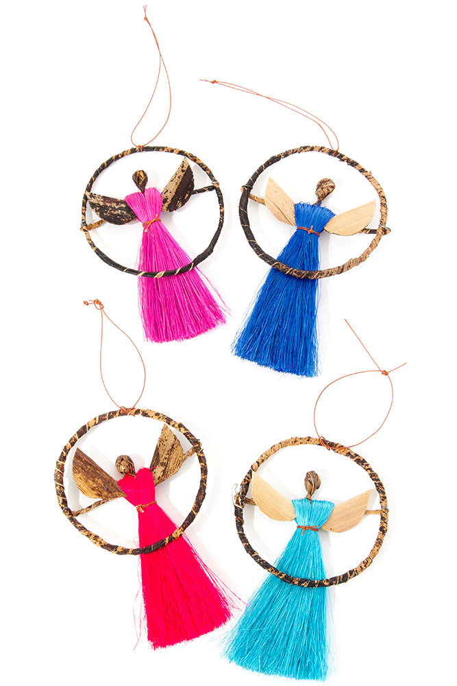 Set of Four Banana Fiber and Colorful Sisal Halo Angel Ornaments Default Title