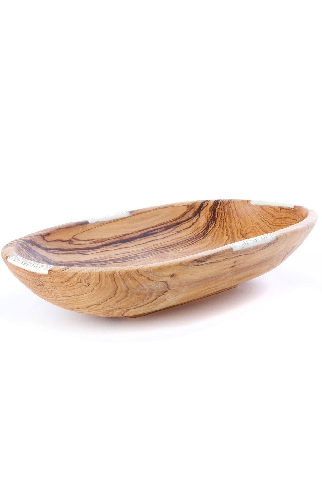 14" Wild Olive Wood Oval Bowl with Striped Bone Inlay