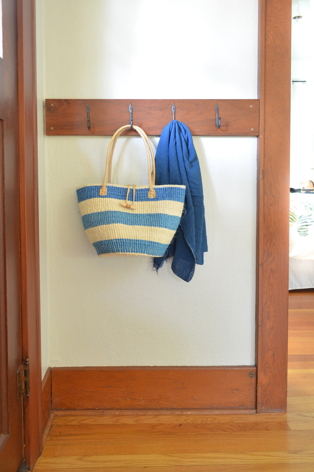 Classic Blue Striped Sisal Handbag with Leather Handles