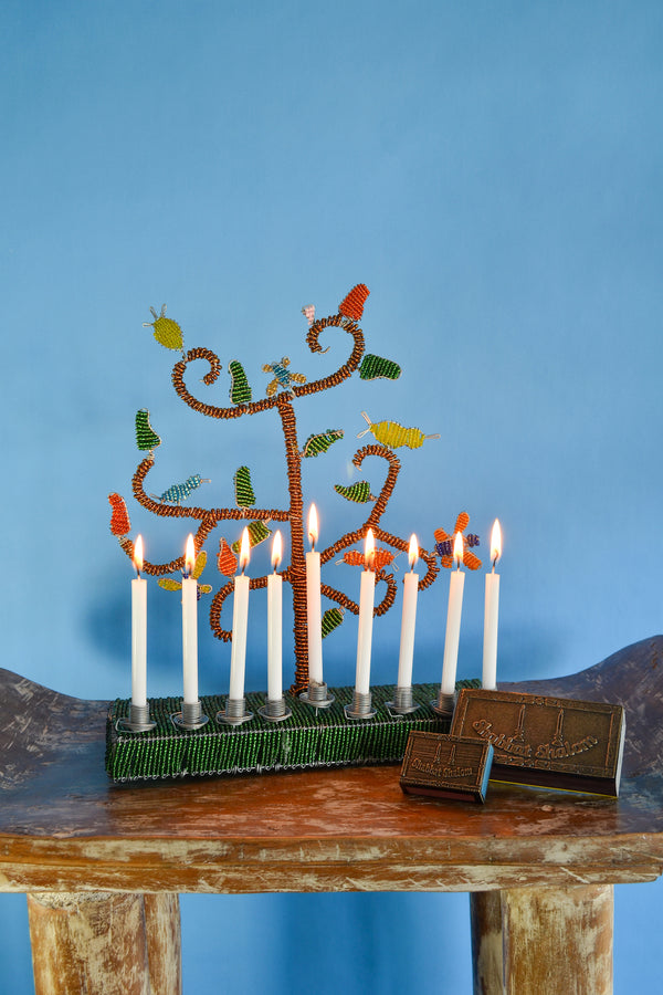 African Tree of Life Beaded Hanukkah Menorah with Orange Base