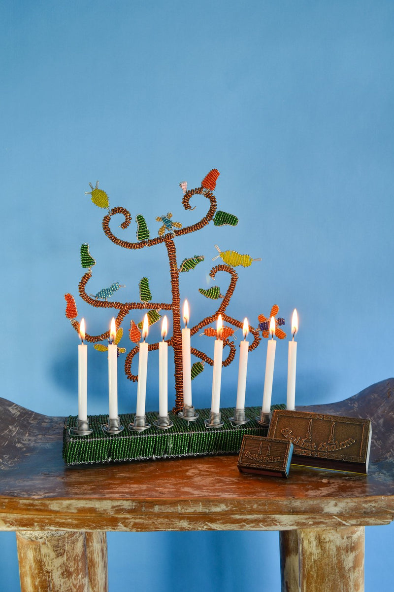 African Tree of Life Beaded Hanukkah Menorah with Green Base