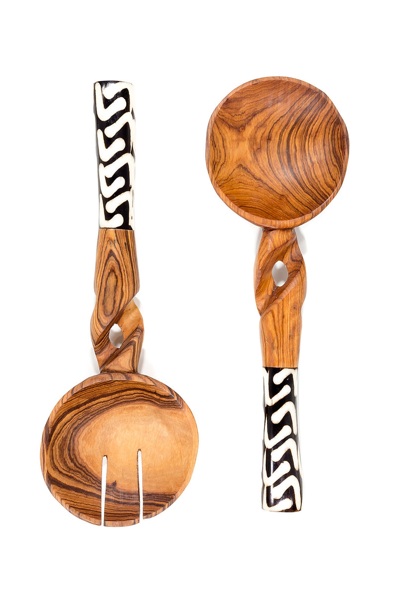 Twisted Wild Olive Wood Salad Set with Bone Handle