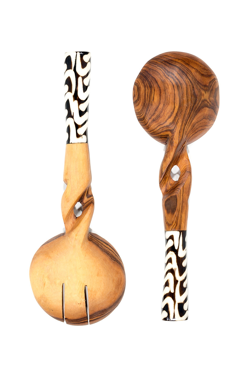 Twisted Wild Olive Wood Salad Set with Bone Handle