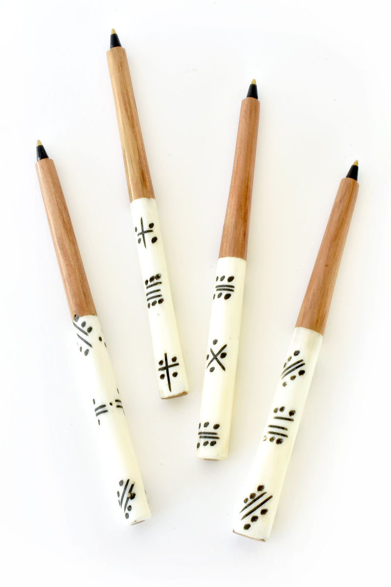 Kenyan White Bone Ink Pen with Black Designs