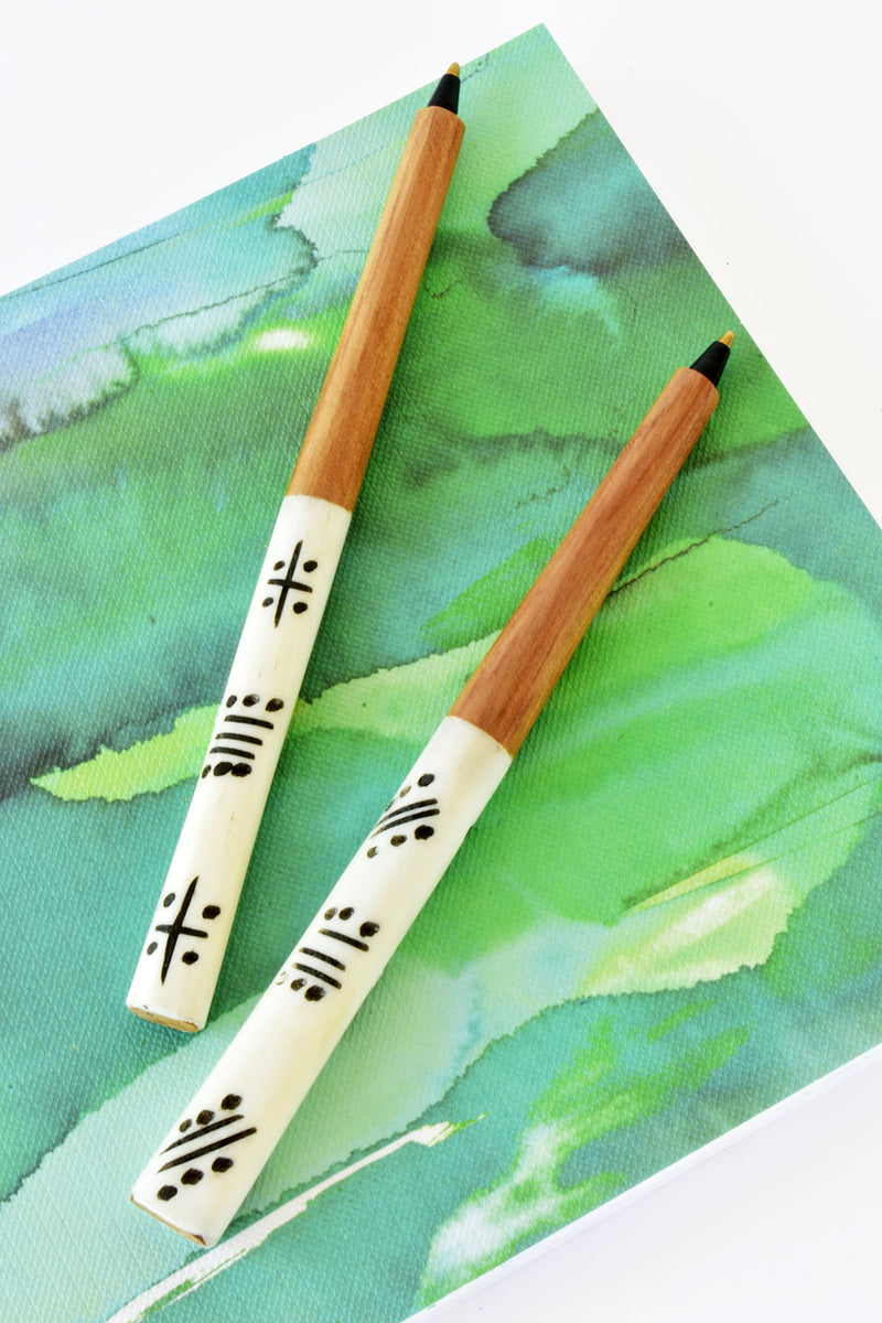 Kenyan White Bone Ink Pen with Black Designs