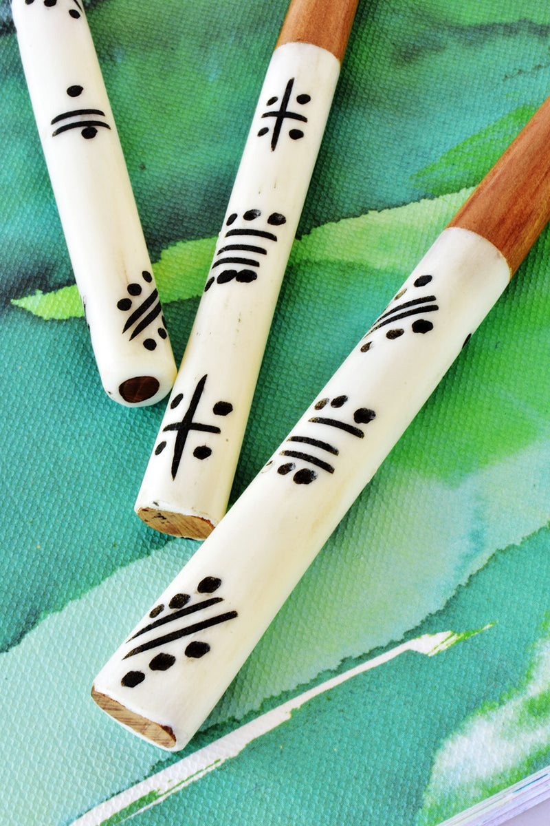 Kenyan White Bone Ink Pen with Black Designs