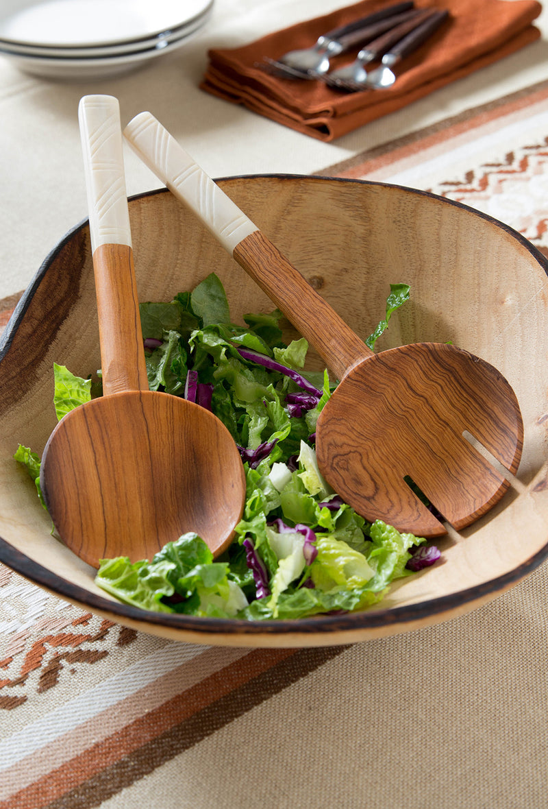 Wild Olive Wood Salad Servers with White Bone Handles