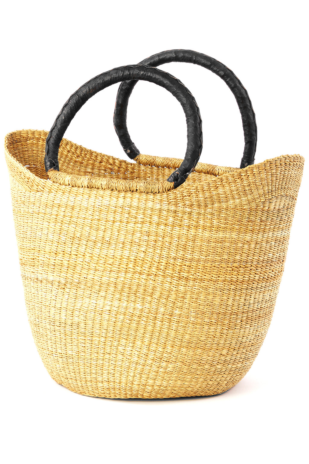 Natural Ghanaian Wing Shopper with Black Leather Handles Black Handles with Black Braid