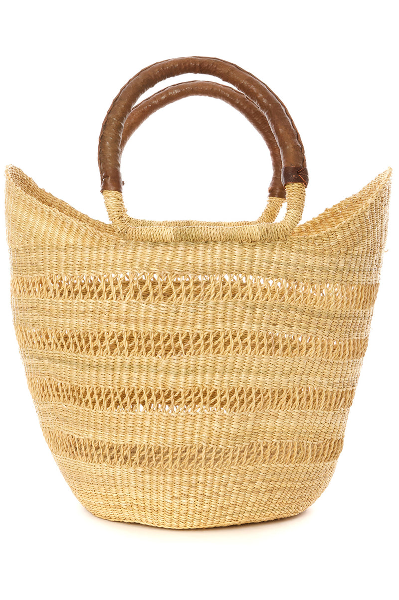 Natural Ghanaian Lacework Wing Shopper with Brown Leather Handles Default Title