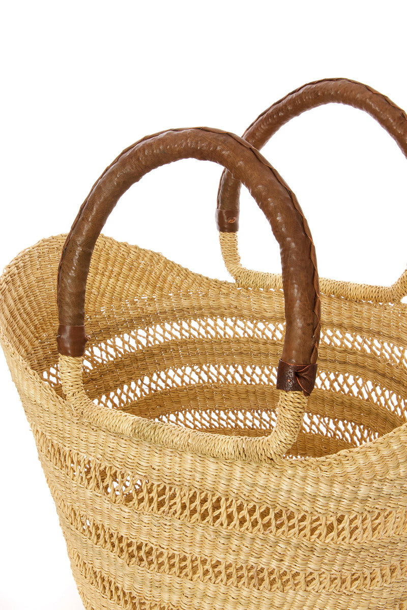 Natural Ghanaian Lacework Wing Shopper with Brown Leather Handles Default Title