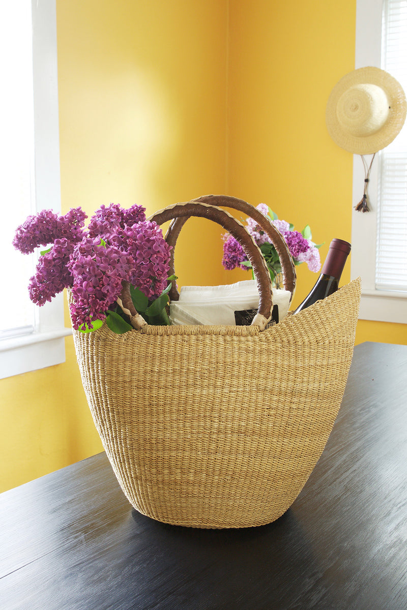 Natural Ghanaian Wing Shopper with Braided Brown Leather Handles Default Title