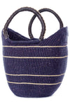 Midnight Blue Pinstripe Bolga Shopper with Leather Handles Default Title