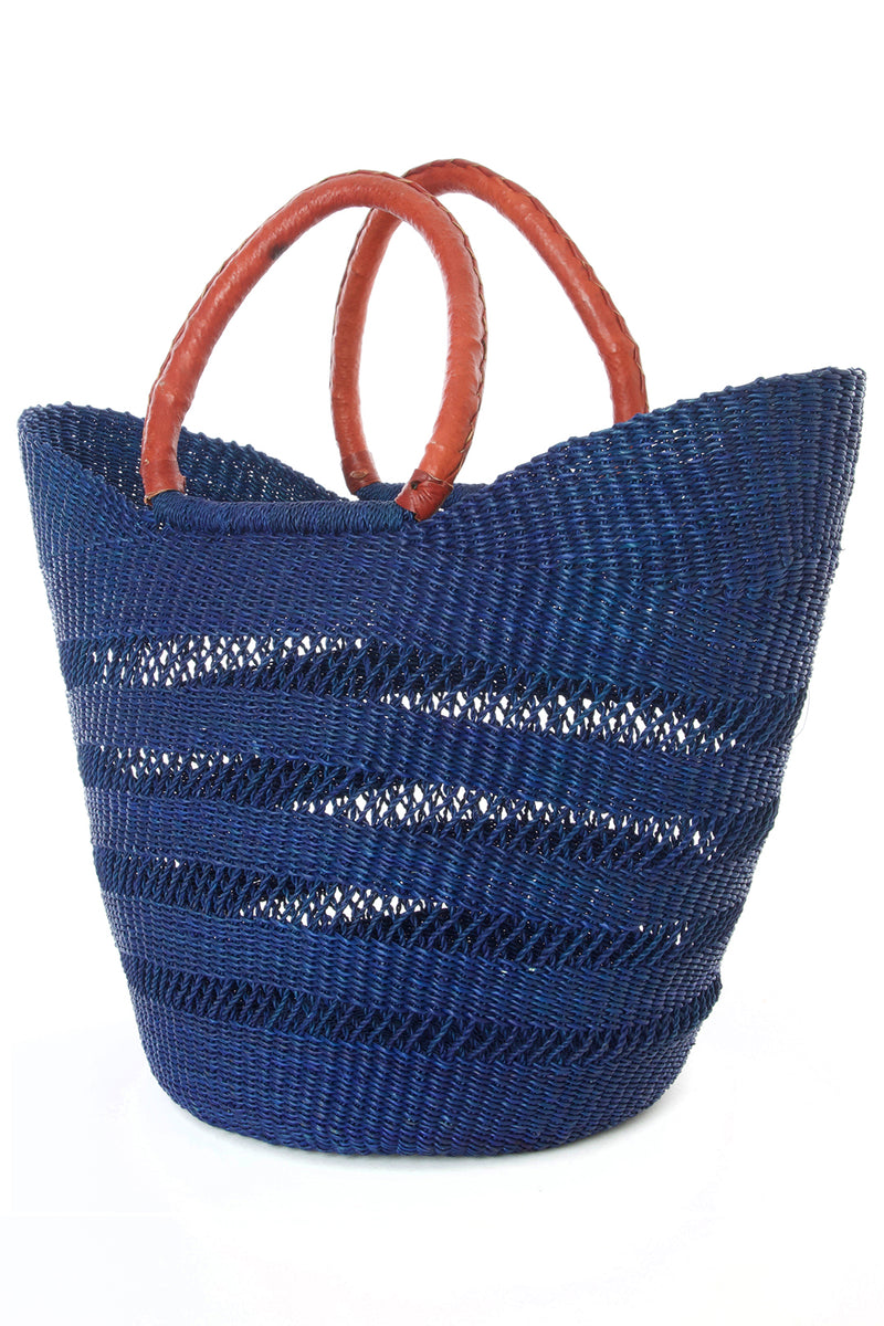 Navy Blue Ghanaian Lacework Wing Shopper with Leather Handles Default Title