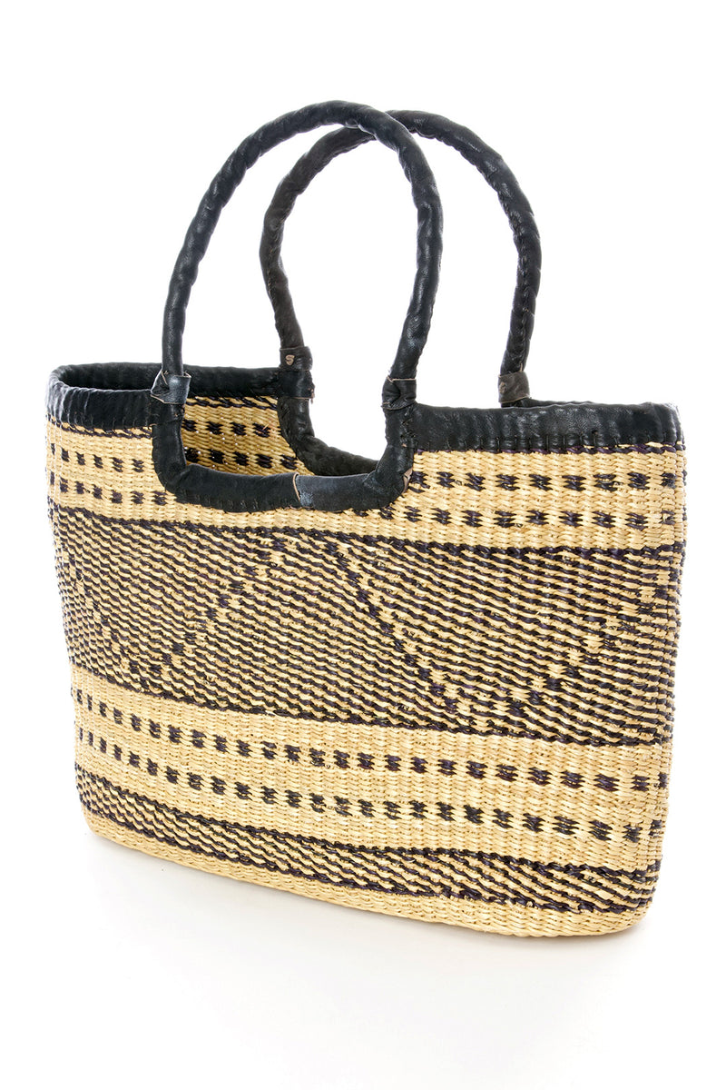 Ghanaian Black Triangle Slim Tote with Long Leather Handles