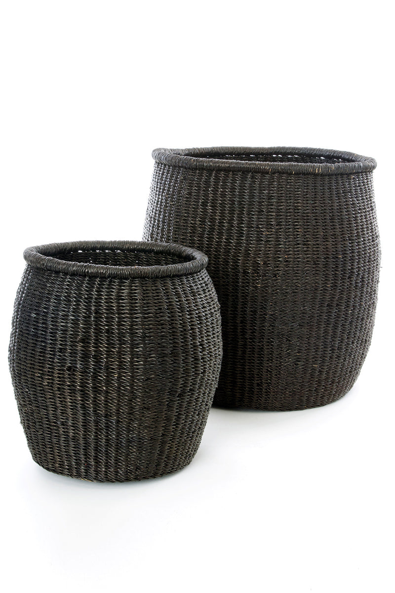 Set of Two Black Elephant Grass Barrel Baskets
