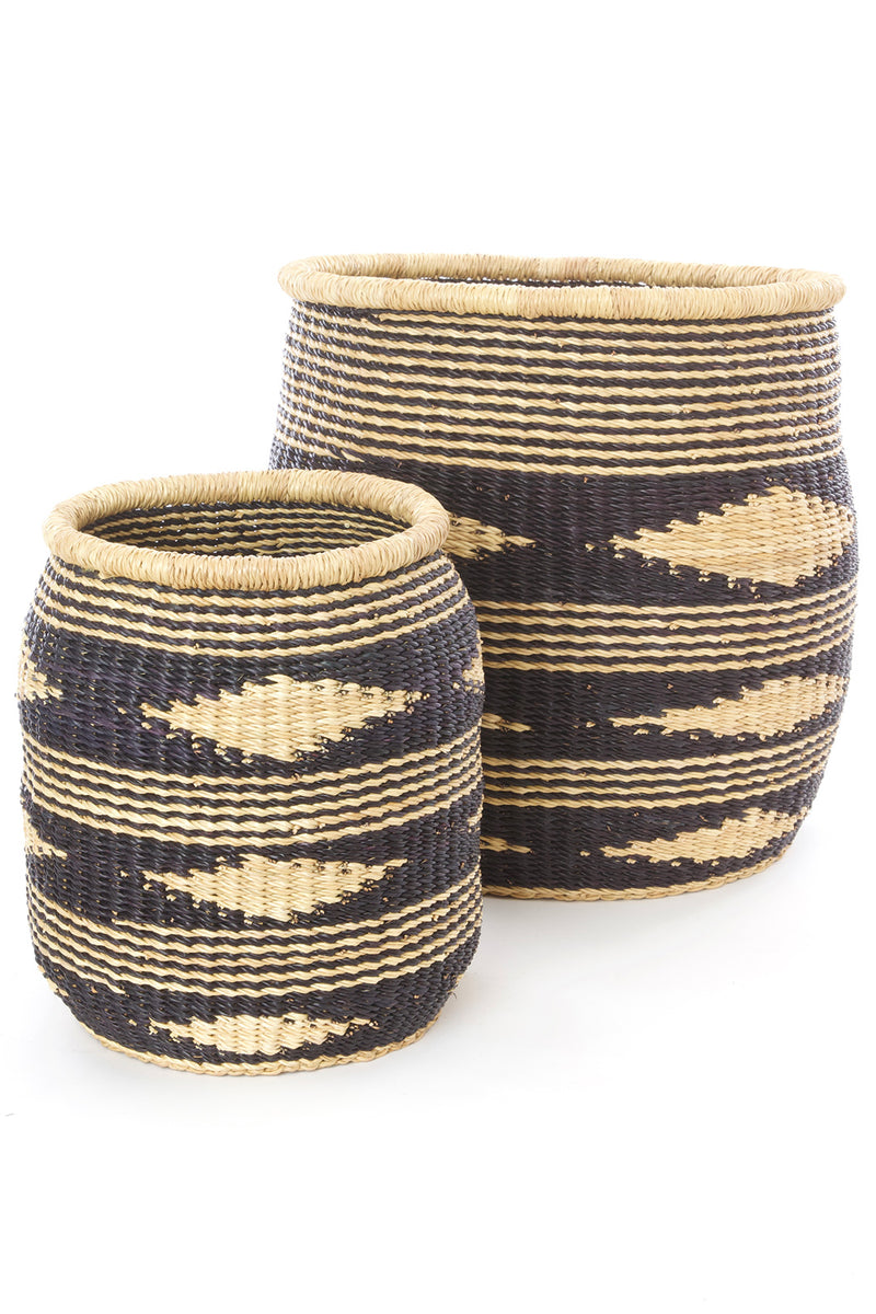 Set of Two Diamond Elephant Grass Barrel Baskets