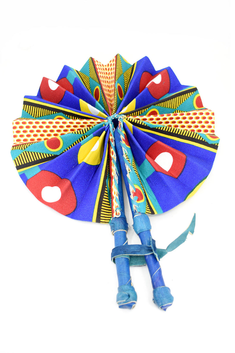 Assorted Small Ankara African Hand Fans with Blue Handles
