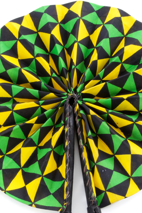 Assorted Ankara African Hand Fans with Black Leather Handles