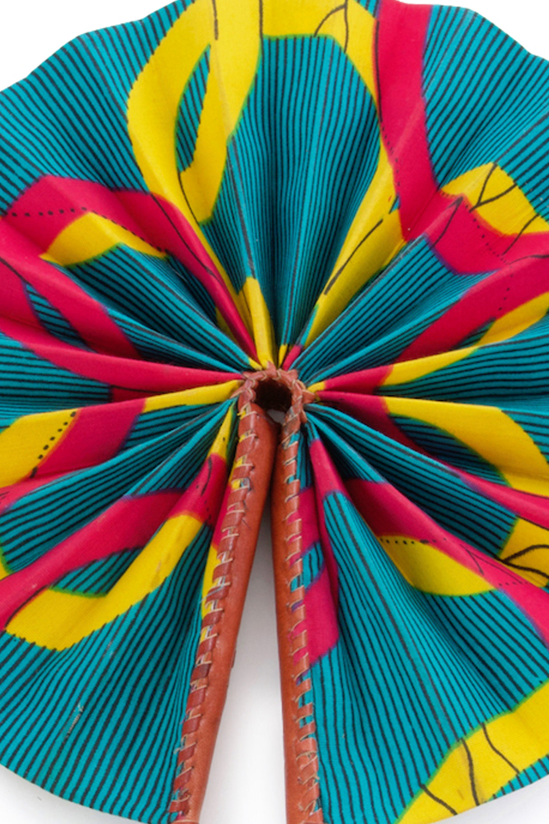 Assorted Ankara African Hand Fans with Brown Leather Handles