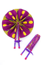 Assorted Ankara African Hand Fans with Purple & Pink Leather Handles