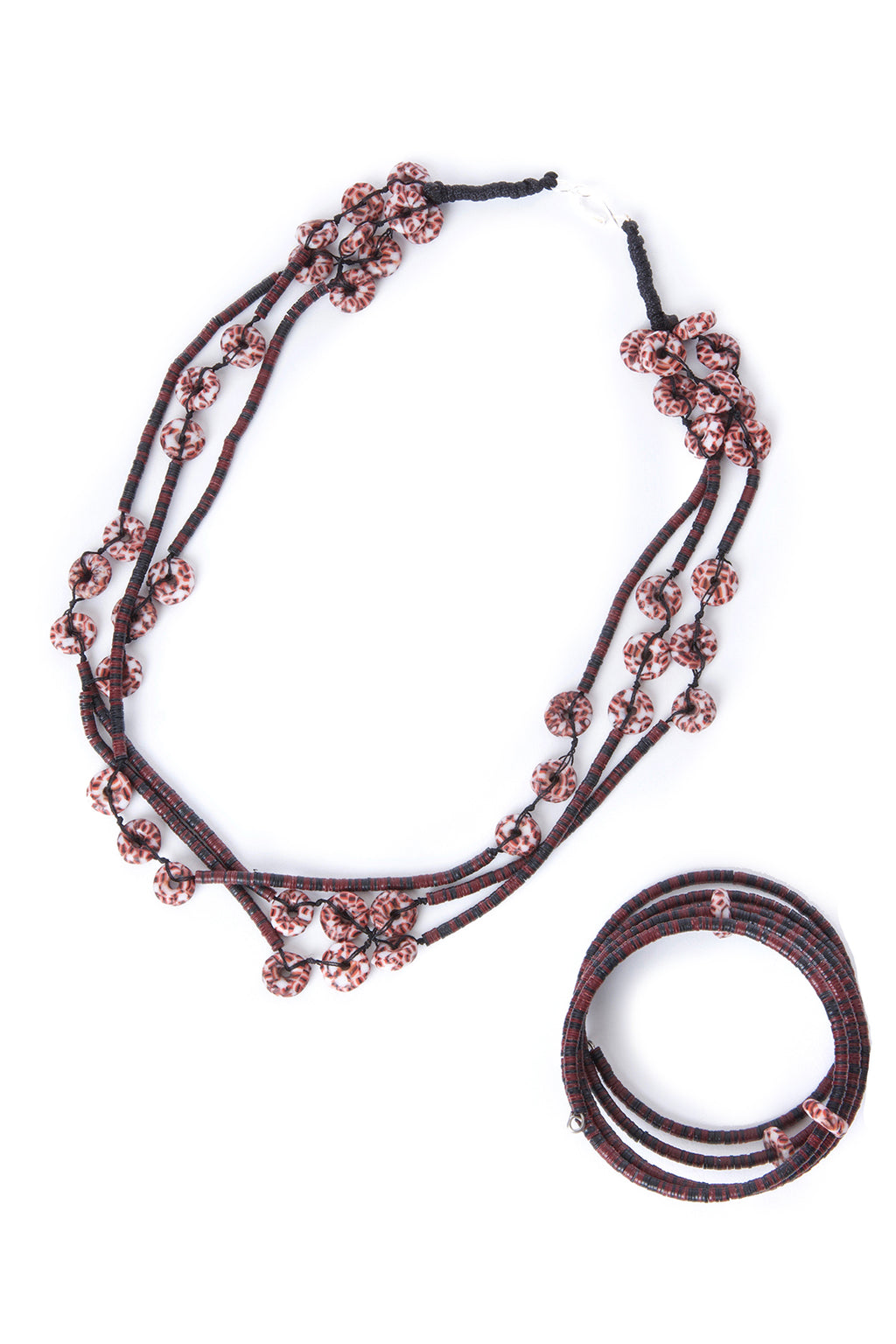 Tiger Phono Disc & Powder Glass Bead Coil Bracelet
