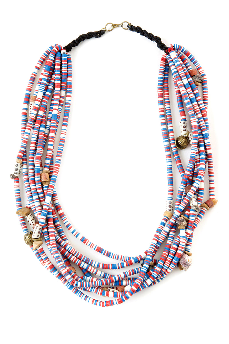 Red, White and Blue Heishi Bead and Brass Necklace