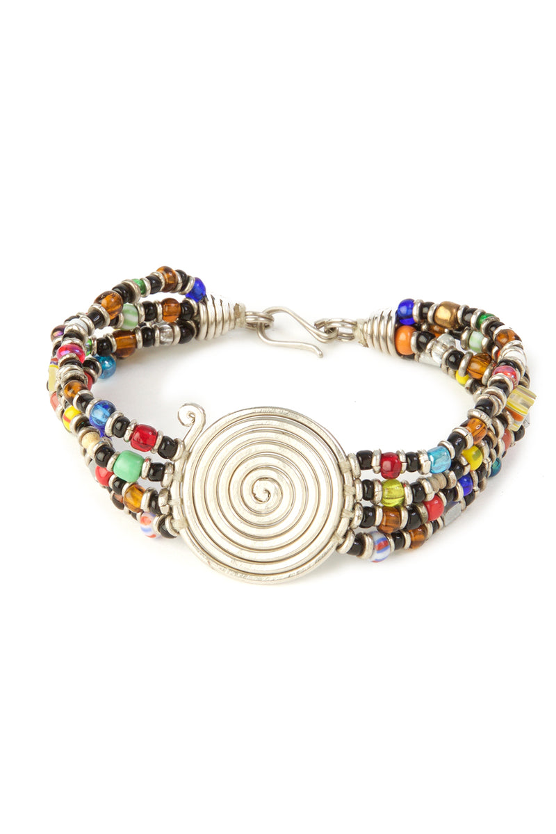 Kenyan Rainbow Beaded Bracelet with Silver Coil